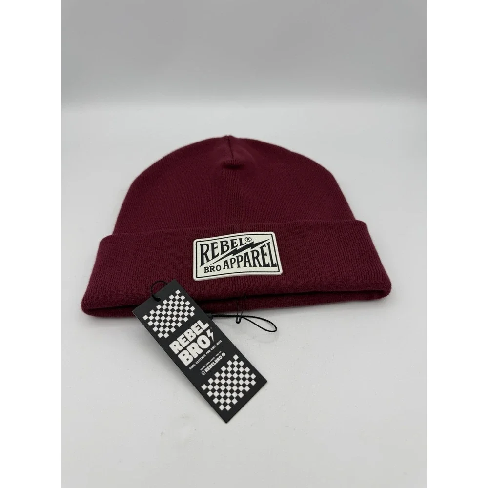Rebel Bro Apparel Burgundy Knit Beanie Adult 100% Cotton Cuffed Logo Hat Cap